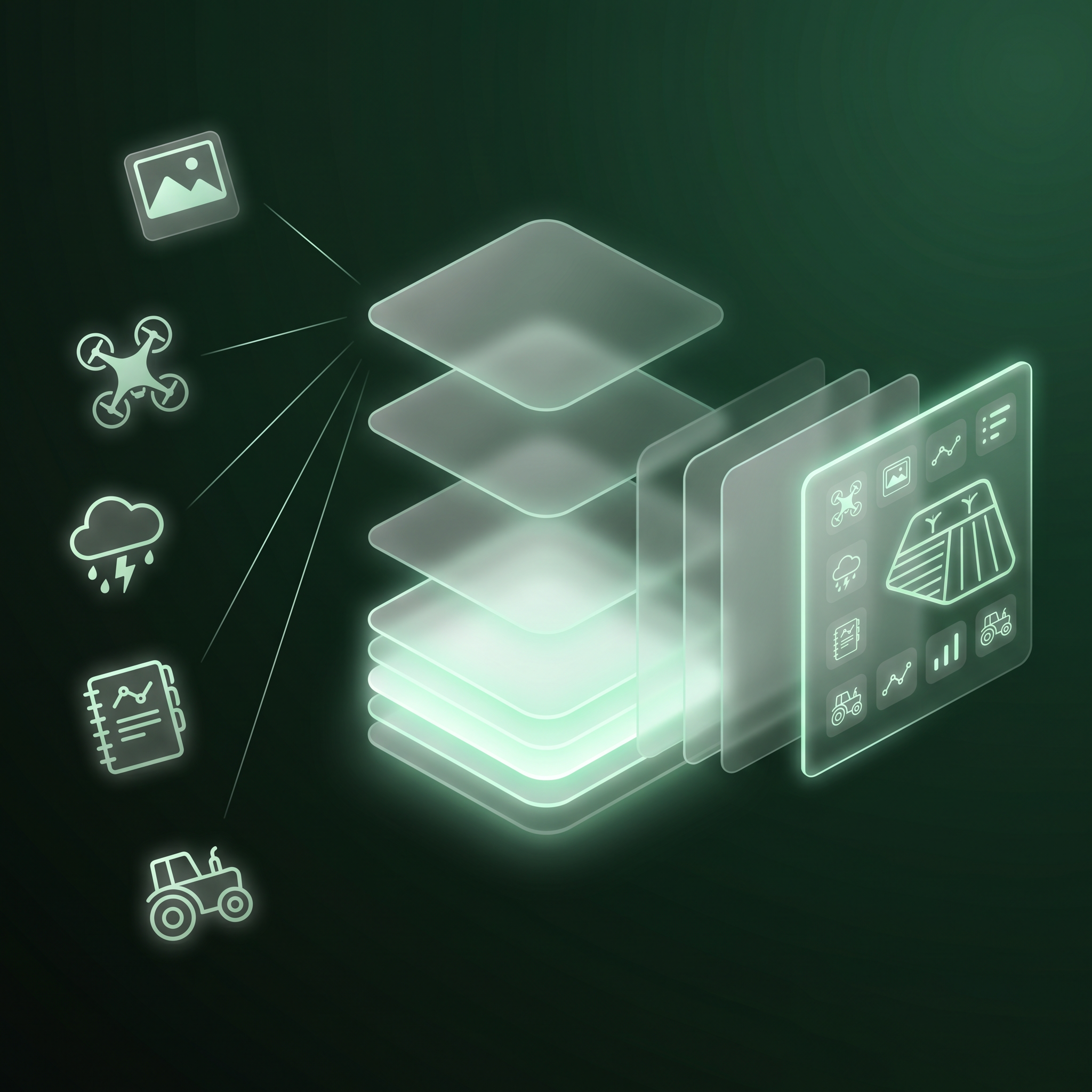 AgRhythm farm intelligence illustration showing connected farm context
