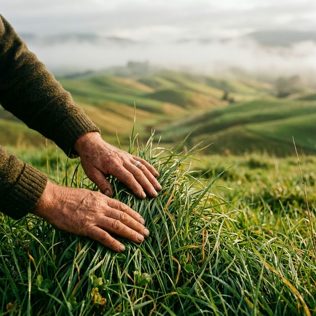 A farmer reading pasture condition by hand in the field