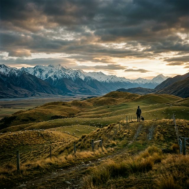 A wide pastoral landscape under a changing sky