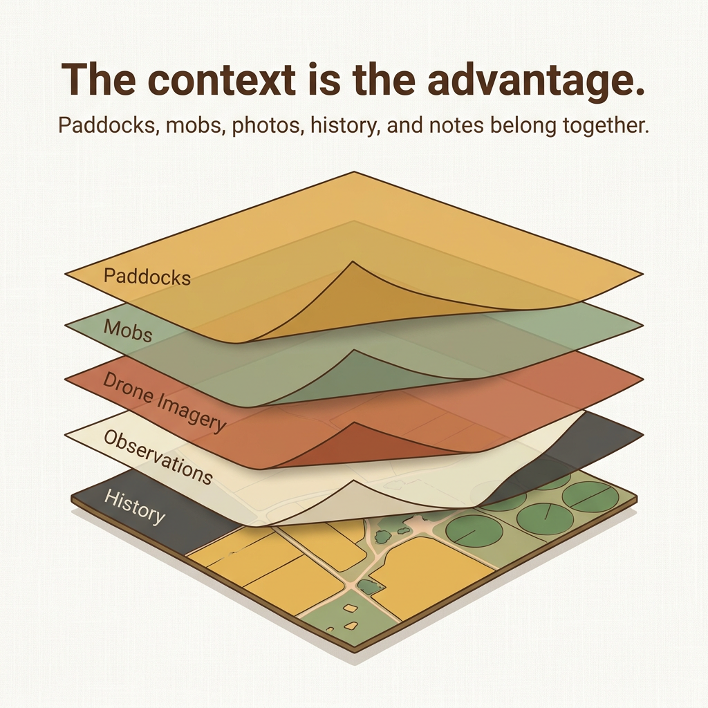 Farm context layers connecting paddocks, mobs, imagery, observations and history
