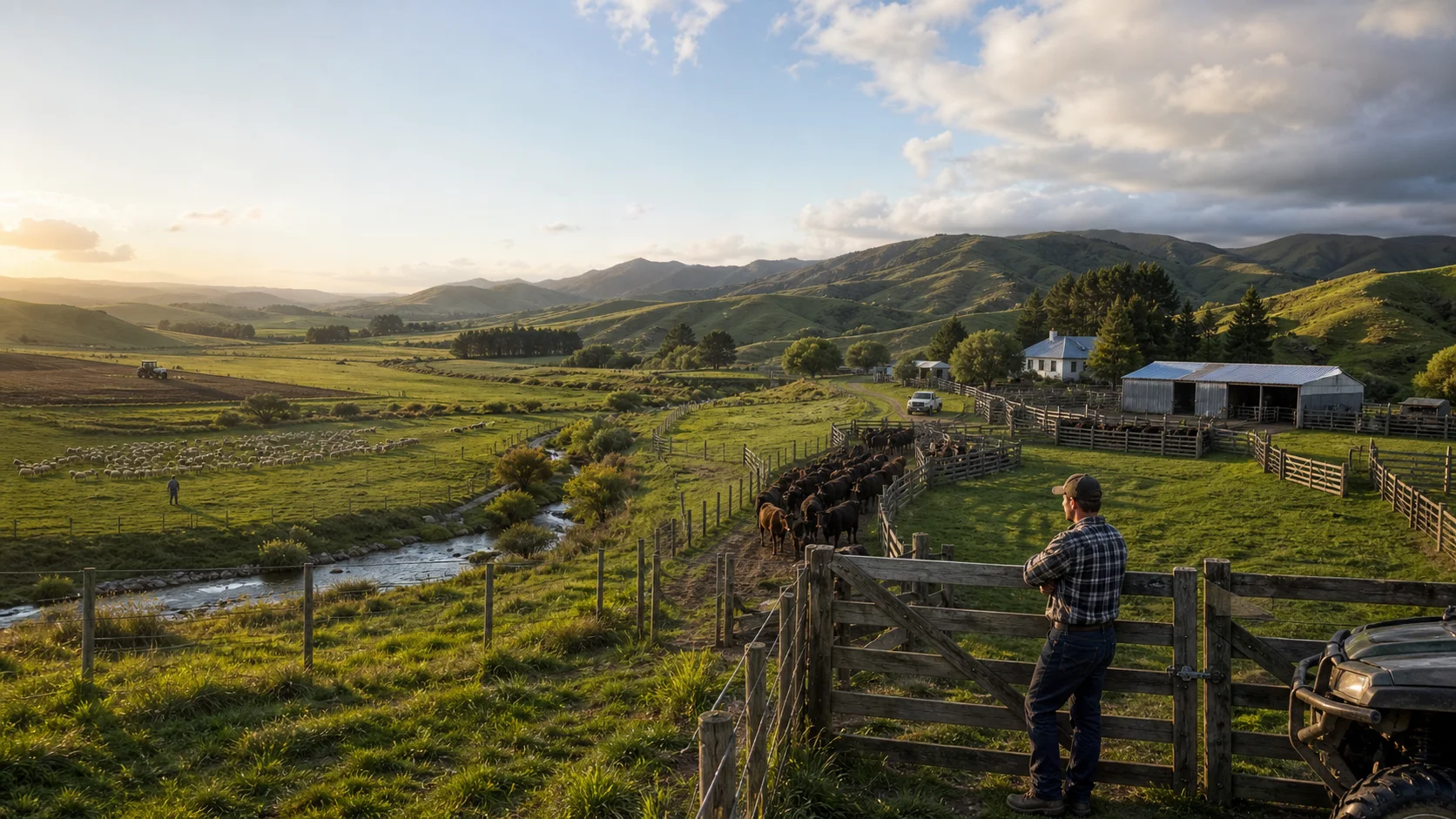 A working pastoral farm with stock, water, infrastructure and people