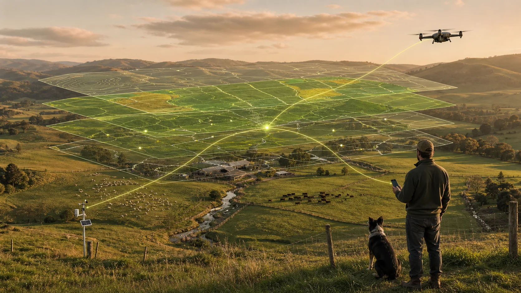 A farmer, drone and sensor connected to layers of one living farm record