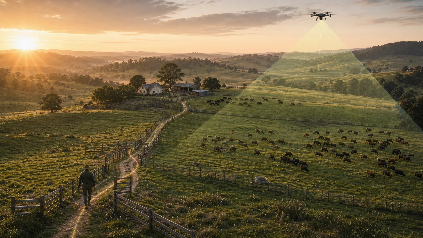 A drone surveying a wide pastoral farm while a person moves through the paddocks