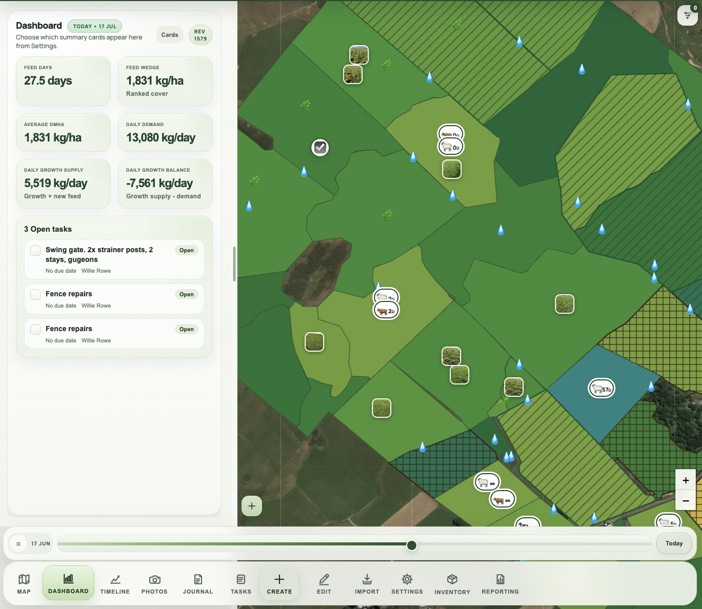 AgRhythm dashboard and farm map showing feed, demand, tasks, paddocks and livestock together