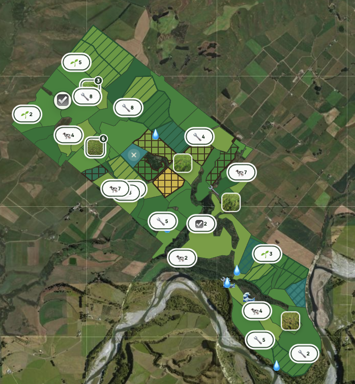 AgRhythm farm map showing paddocks, mobs, tasks, pasture observations and water points