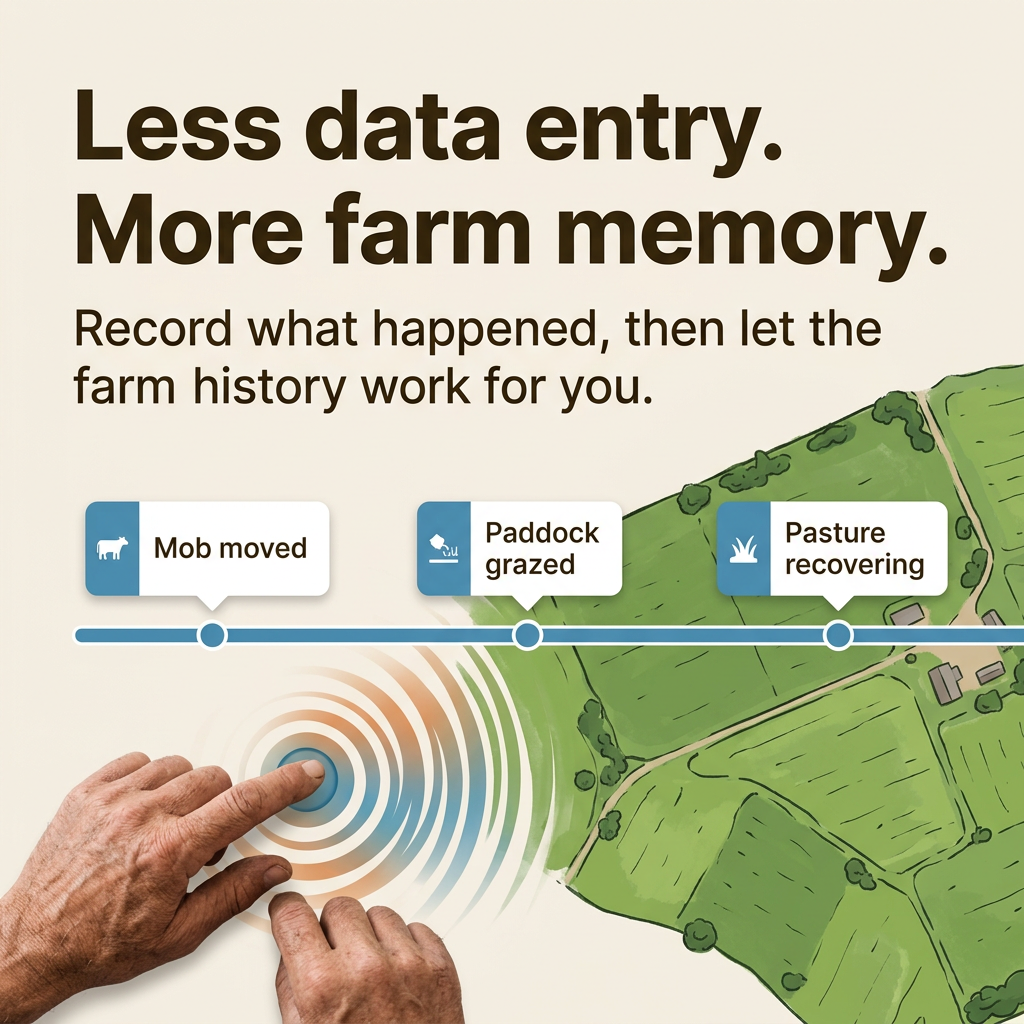 Less data entry. More farm memory. Farm events become a useful timeline of what happened.