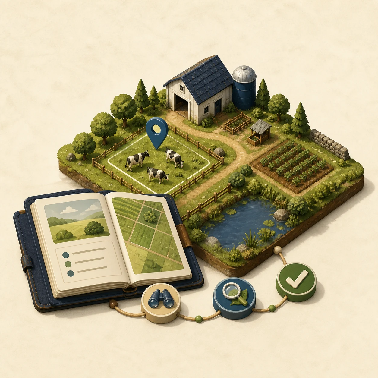 An illustrated field guide connected to a farm map and practical tasks