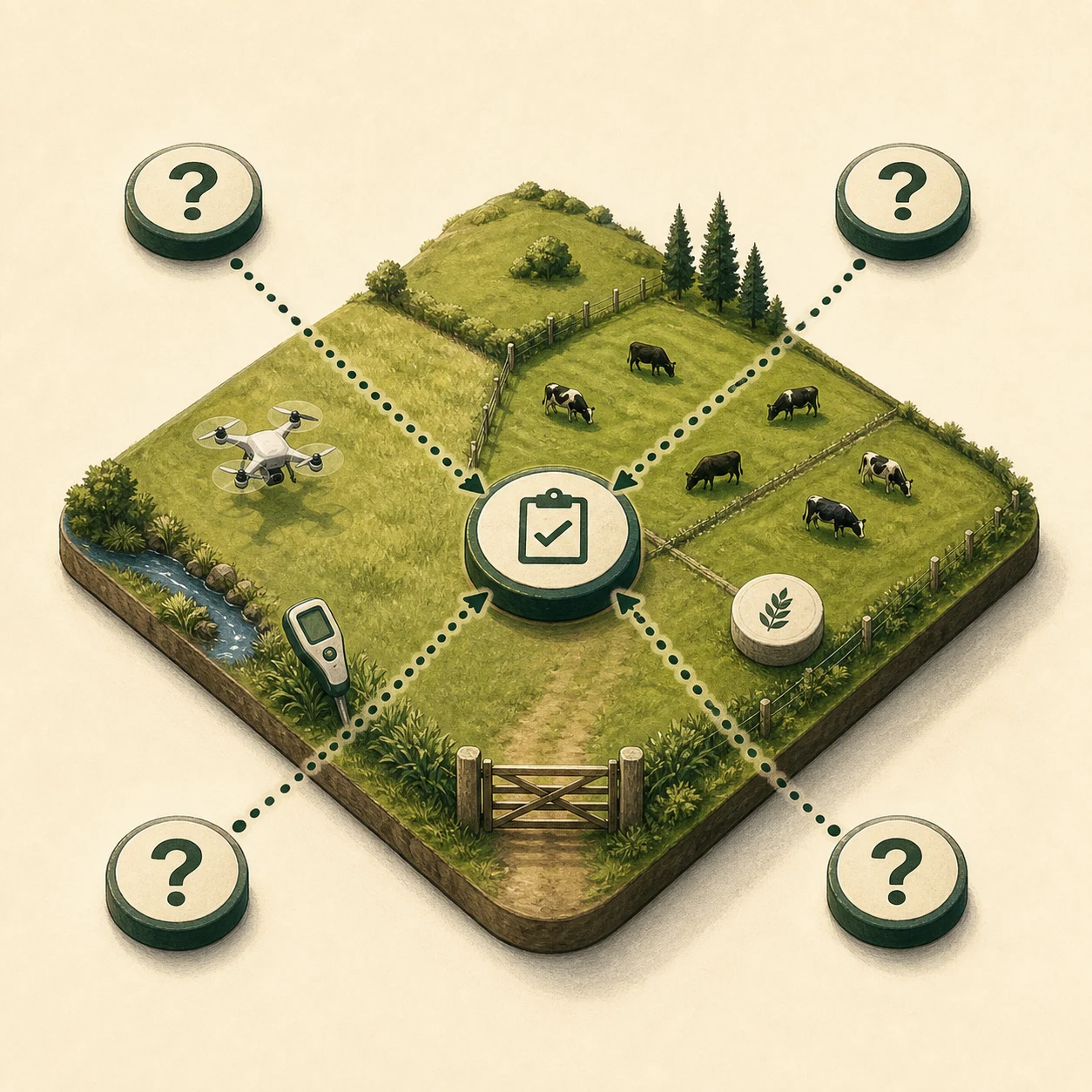 An illustrated farm with connected questions flowing into one farm record