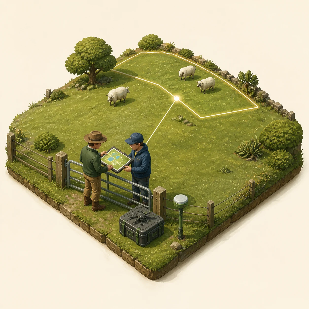 An illustrated farmer and technician reviewing a farm map together
