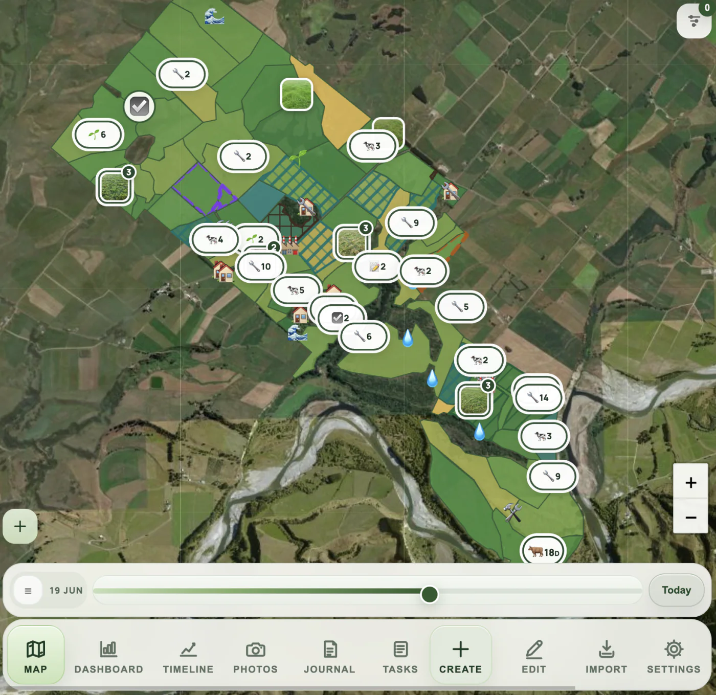 AgRhythm farm map showing paddocks, mobs, observations and tasks