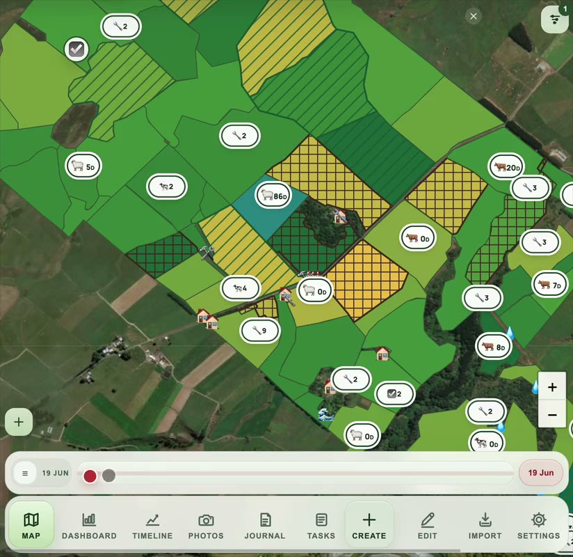 AgRhythm farm map timeline showing paddocks, mobs and records changing over time