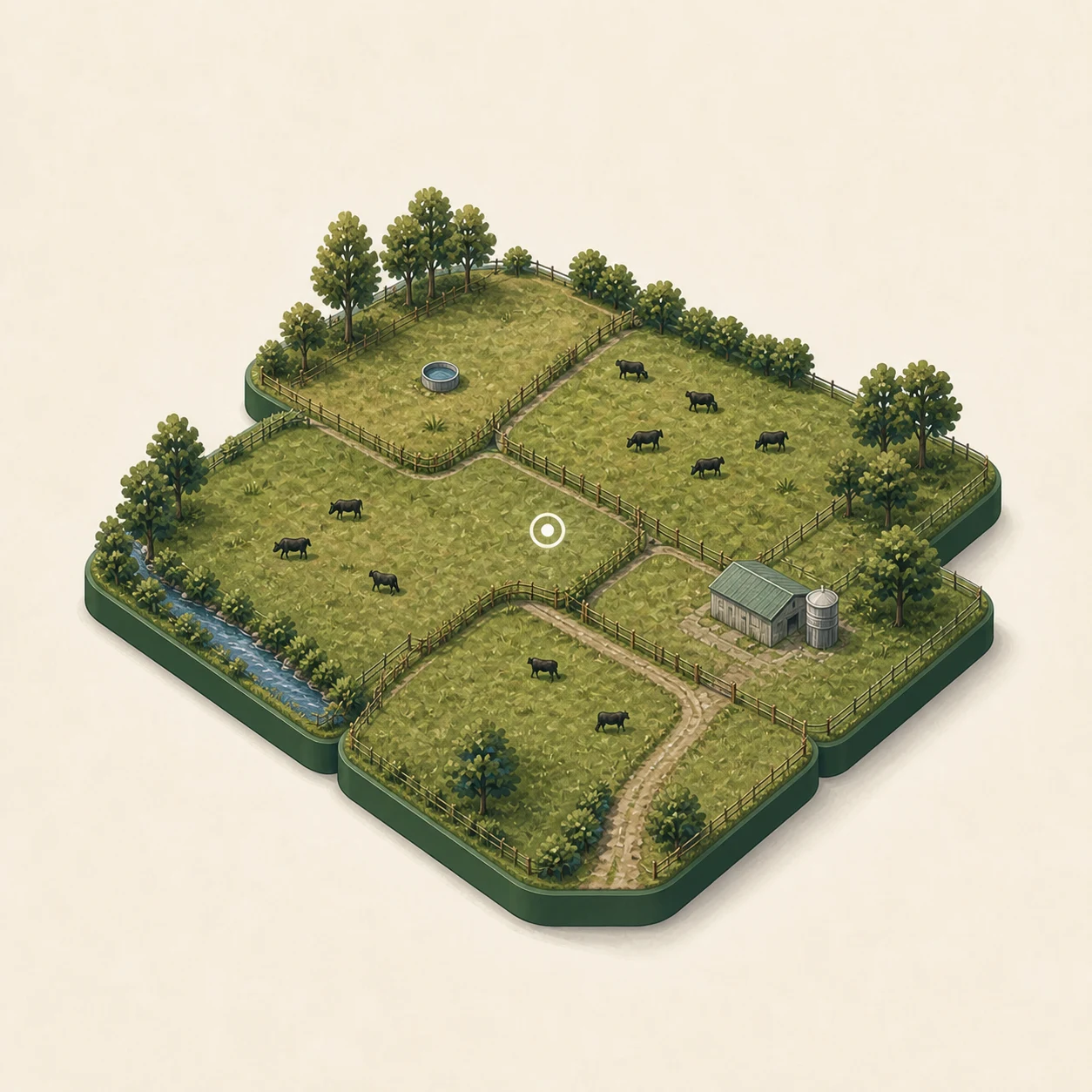 A modular farm game board built from connected paddocks, mobs and farm features