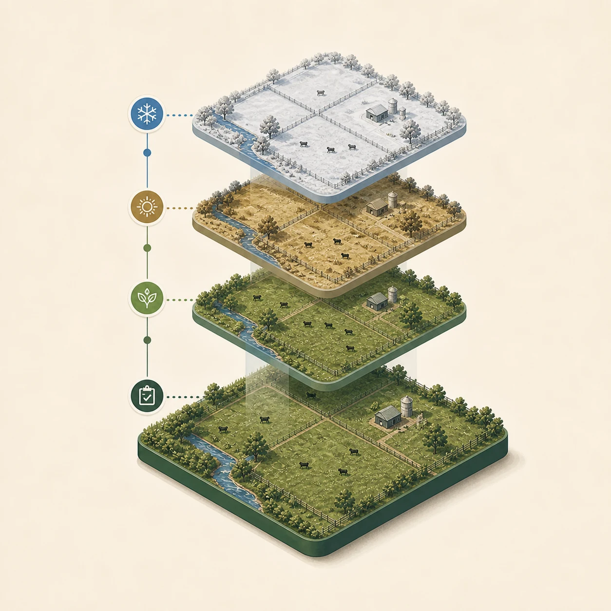 Farm game-board history accumulating in connected seasonal layers over time