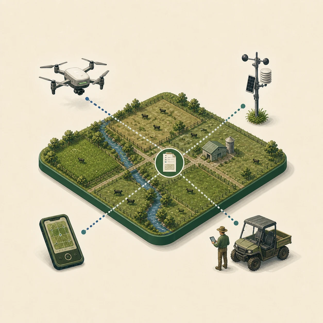 A farm game tile receiving information from a drone, sensor, controller and operator