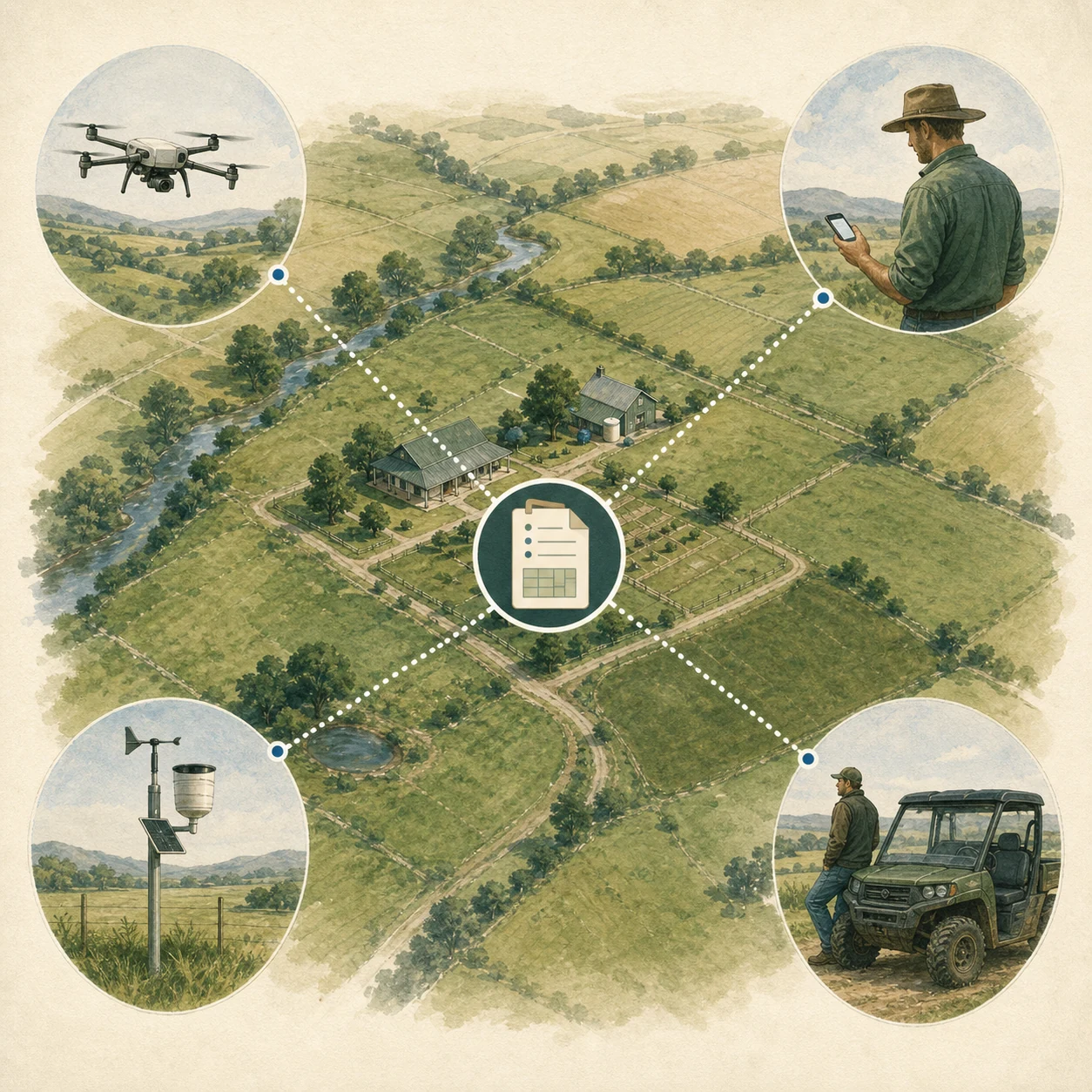 A working farm connected with a drone, farmer, field sensor and farm vehicle around one shared record
