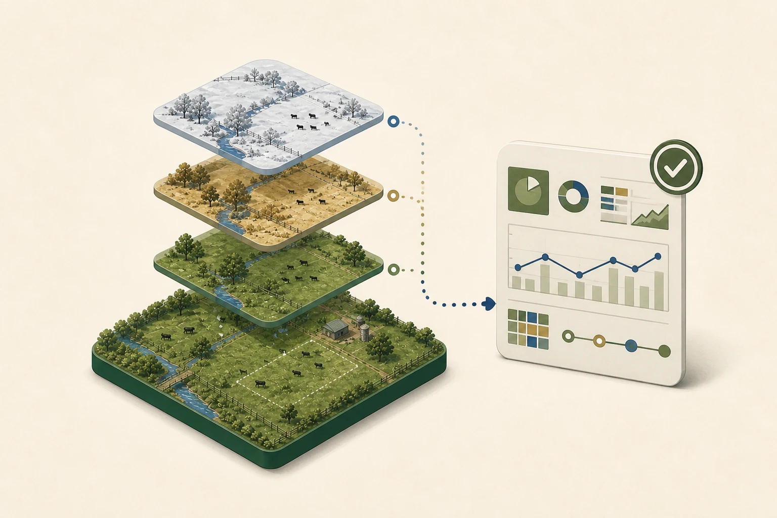 Layered farm history game tiles becoming a clear report