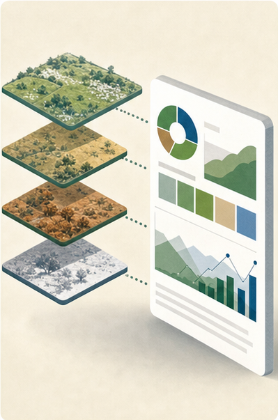 Illustrated seasonal farm layers connected to a clear report