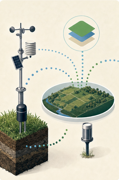 Illustrated farm sensors connecting data to a shared farm record