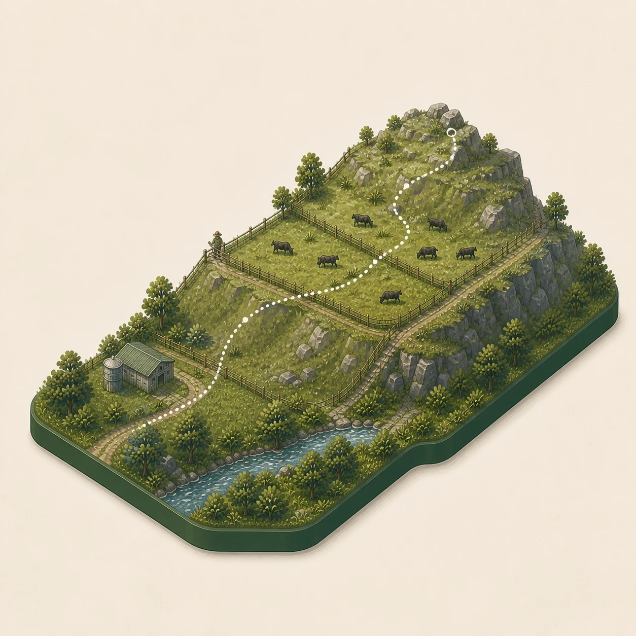 A pastoral farm route climbing from river flats into steep high-country terrain