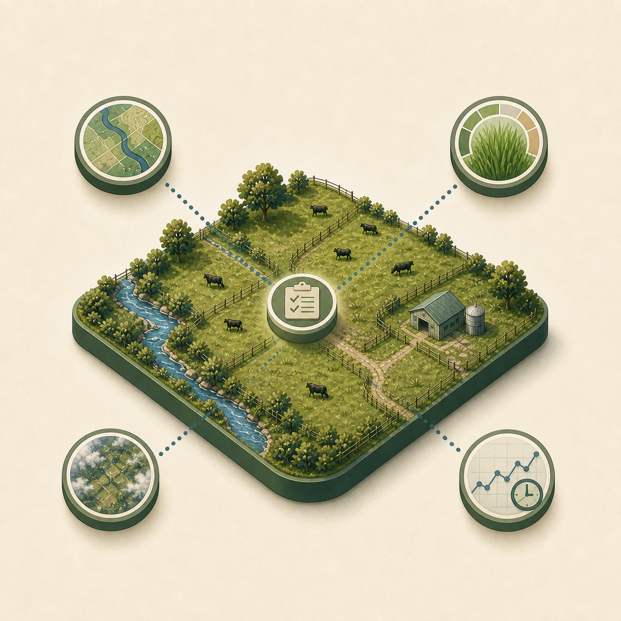 A farm map, pasture reading, aerial imagery and history feeding one central farm record