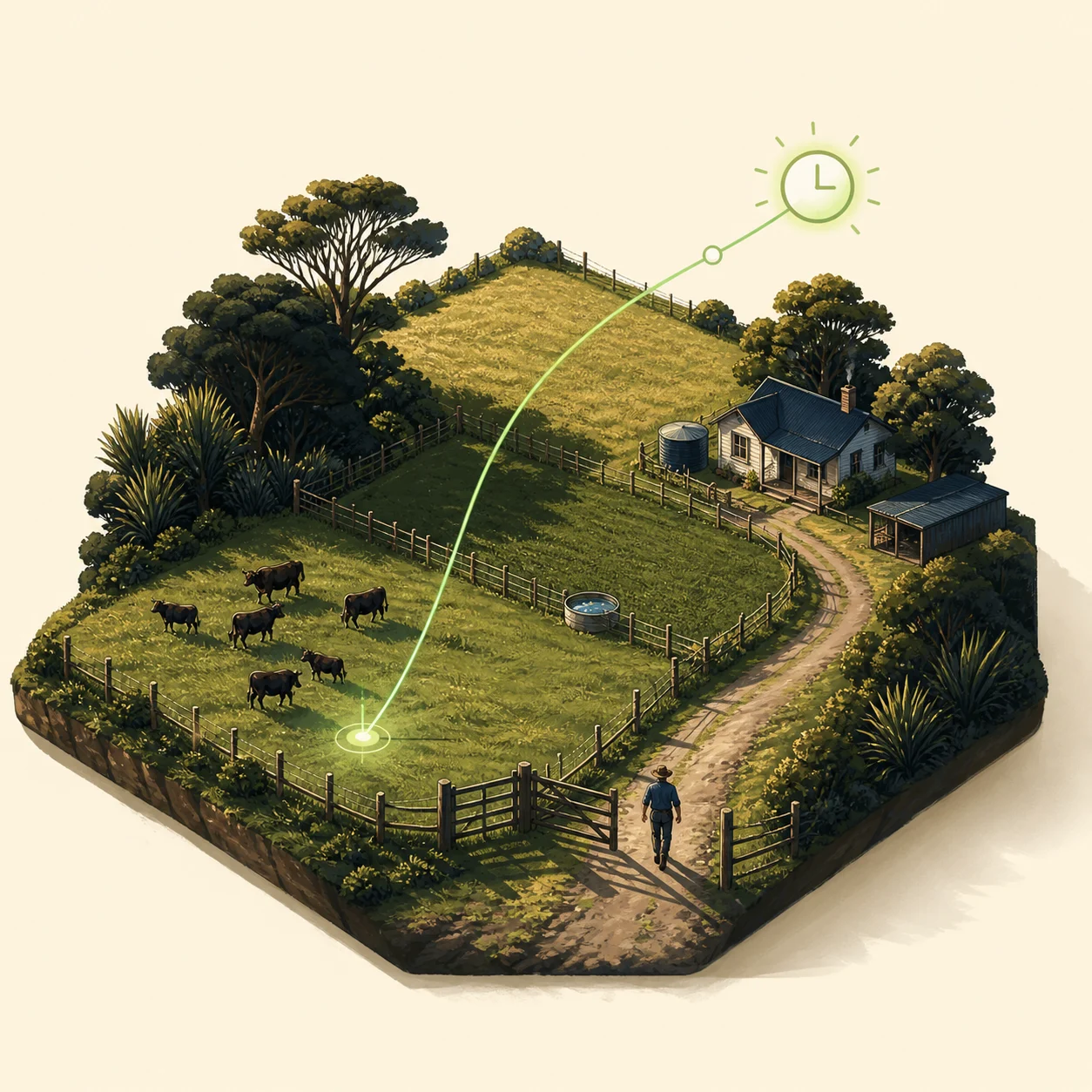 A game-like farm scene showing a completed task returning time to the farmer