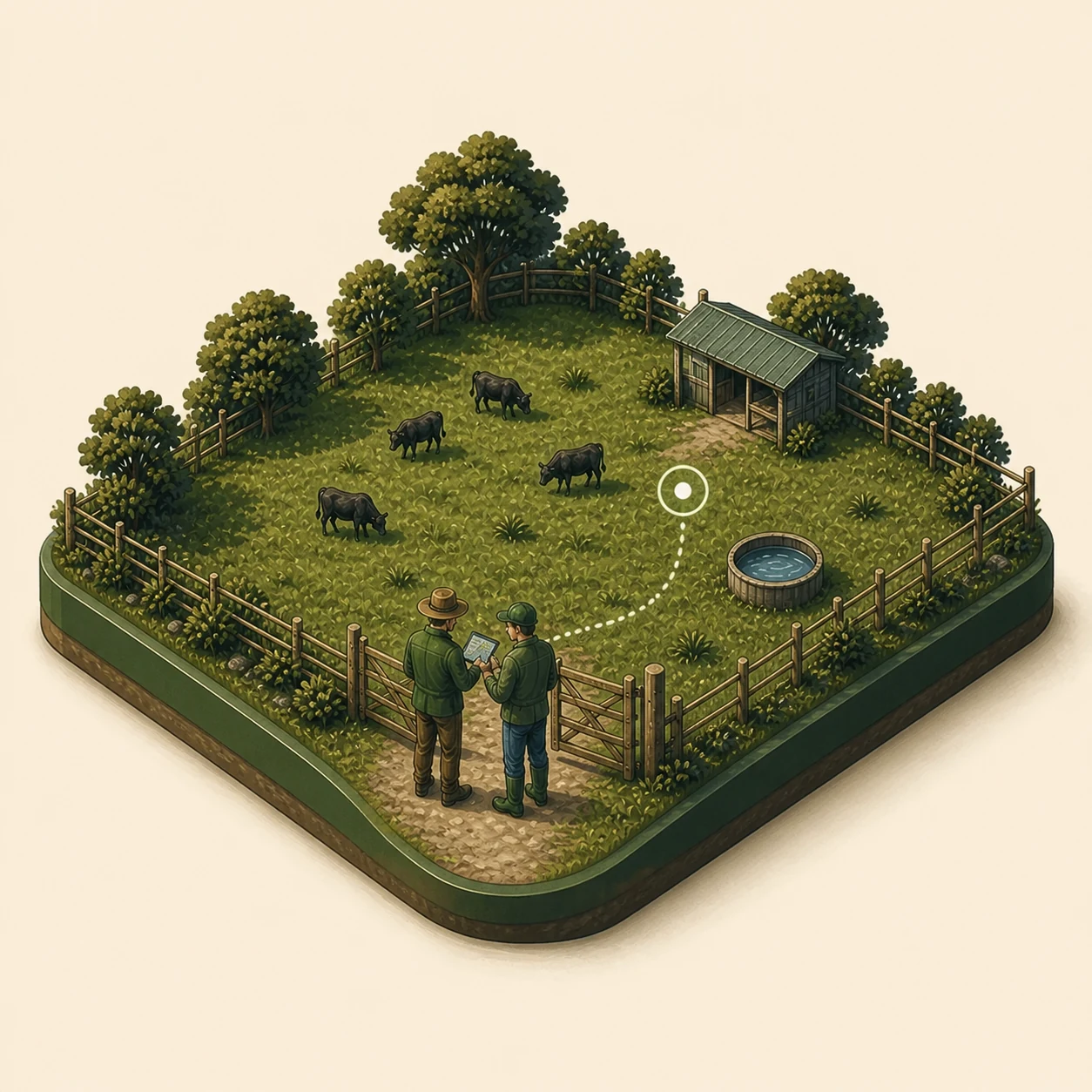 Two people reviewing a farm plan together at an open paddock gate