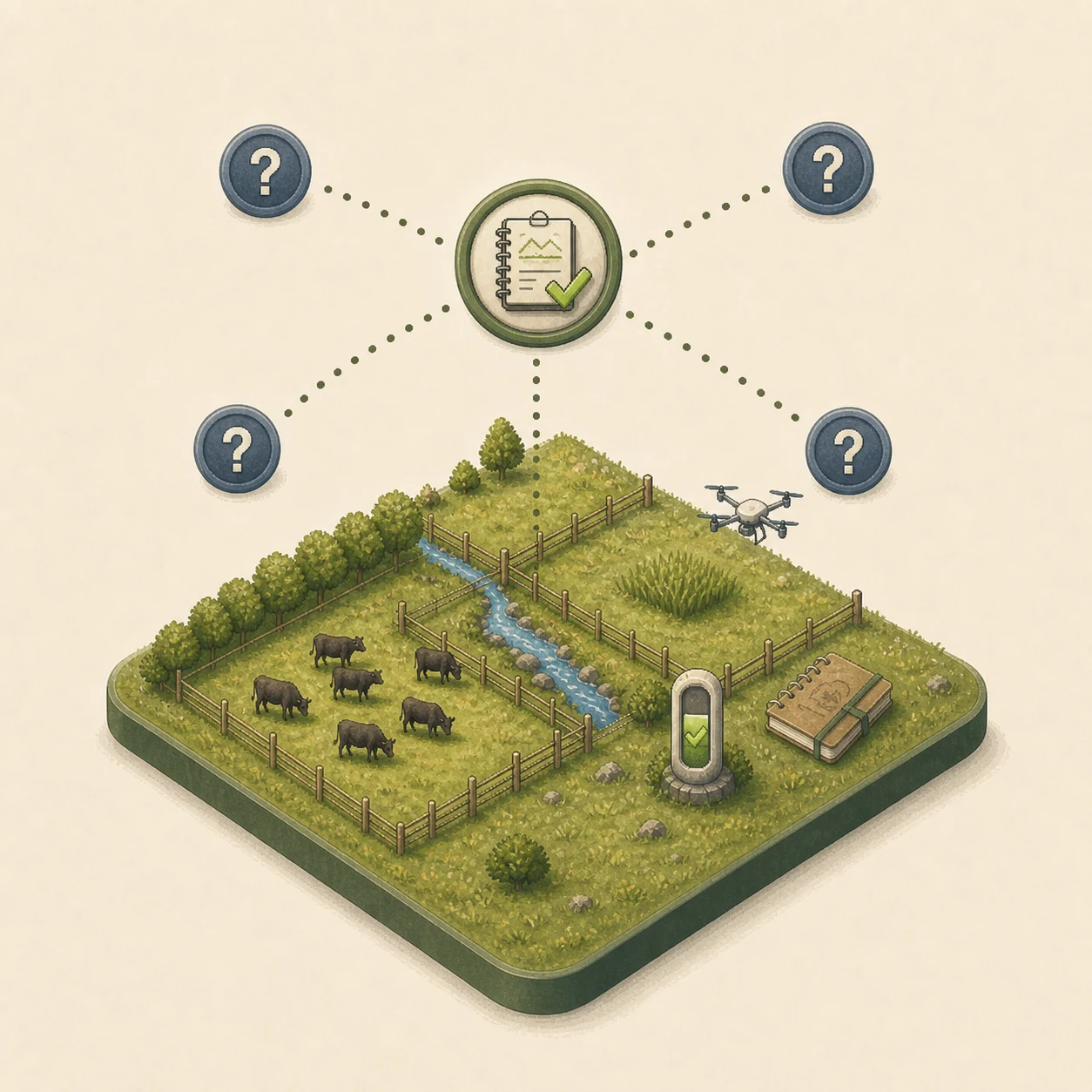 An illustrated farm where common questions converge on one clear farm record