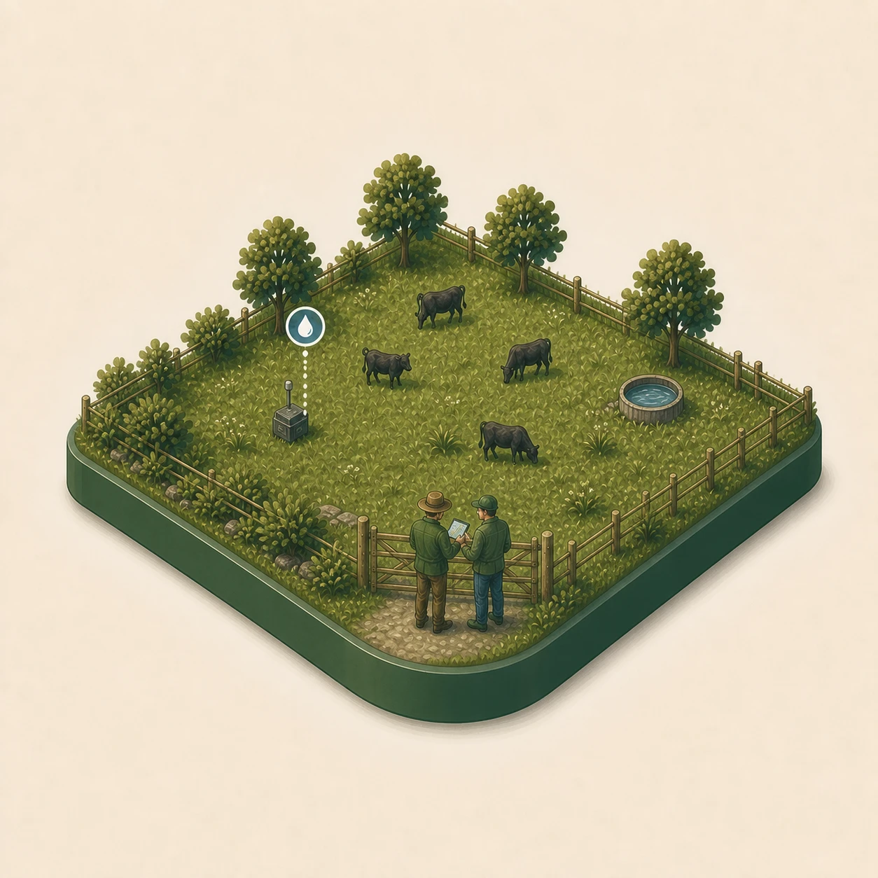 A farmer and technician reviewing a farm map together beside a paddock
