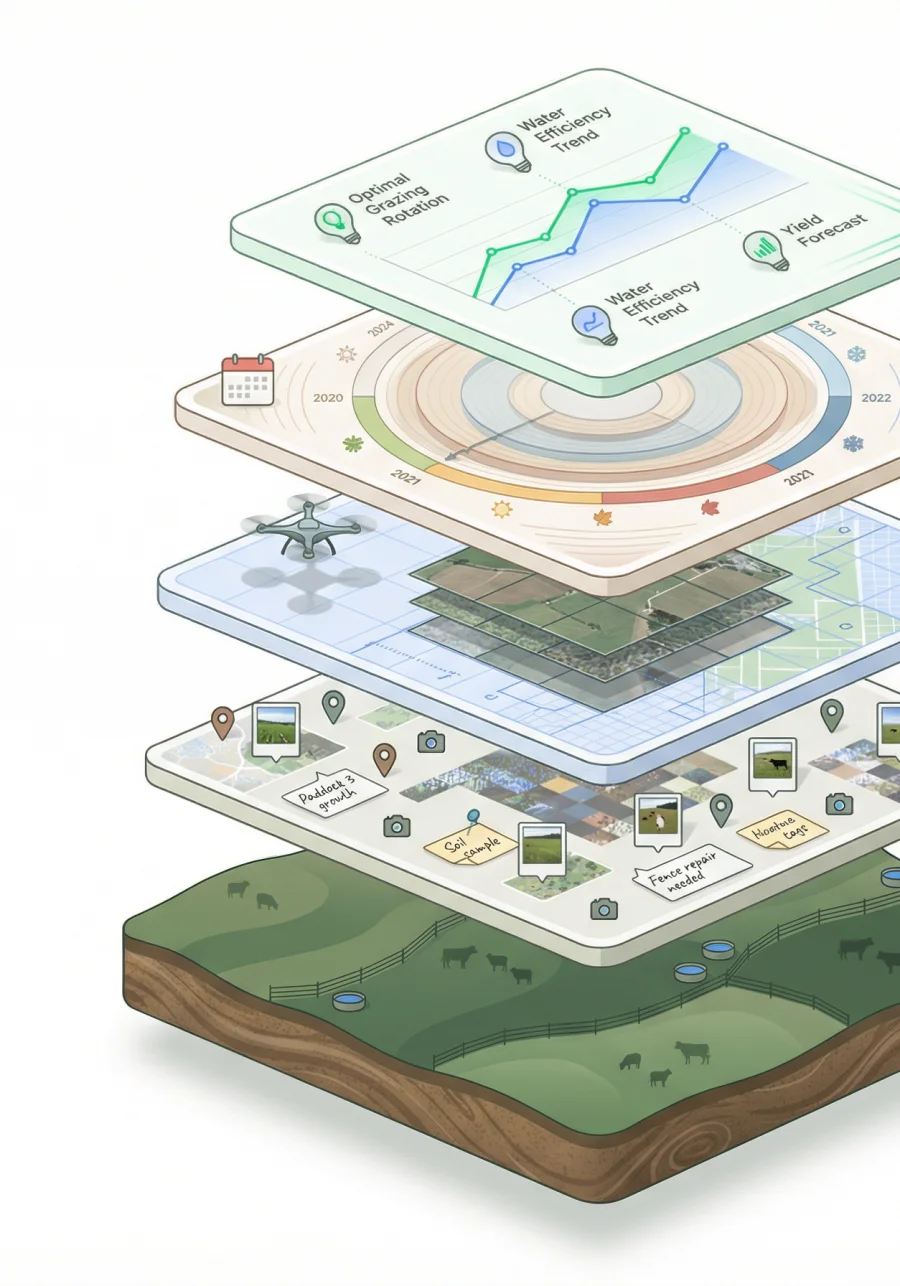 Farm information arranged in layers from the farm itself through observations, drone imagery and history to farm intelligence