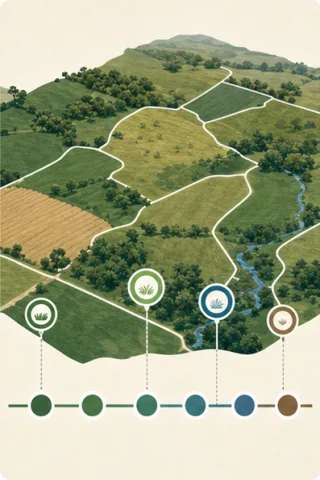 A mapped farm record connected across a timeline