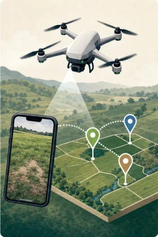 A phone and drone connecting field observations to the farm