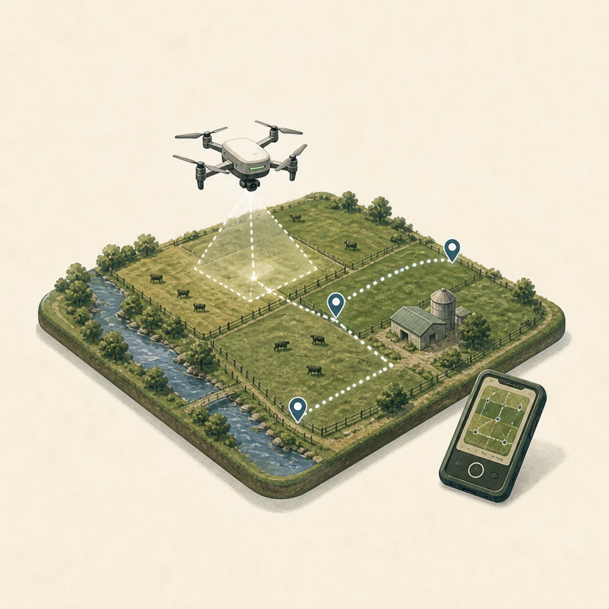 A drone and controller mapping a route across a farm game tile