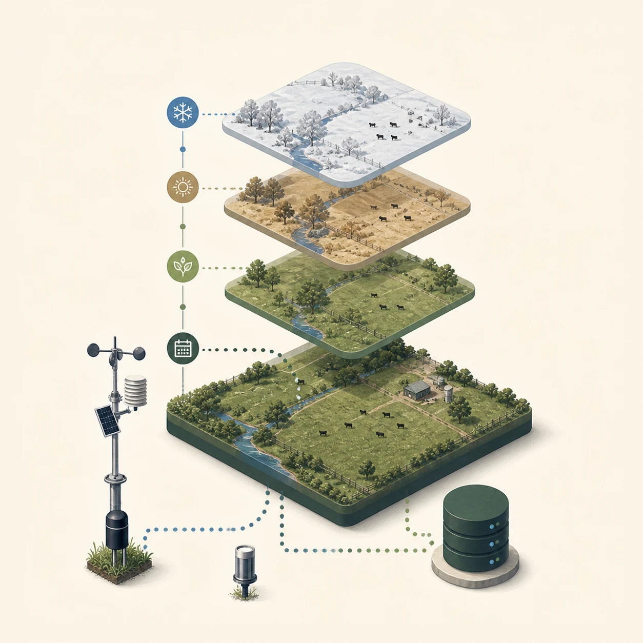 A farm game tile building seasonal layers and history over time