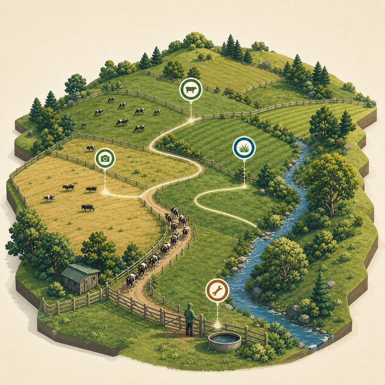 A lightly gamified farm world connecting mob movements, pasture readings, observations and repairs