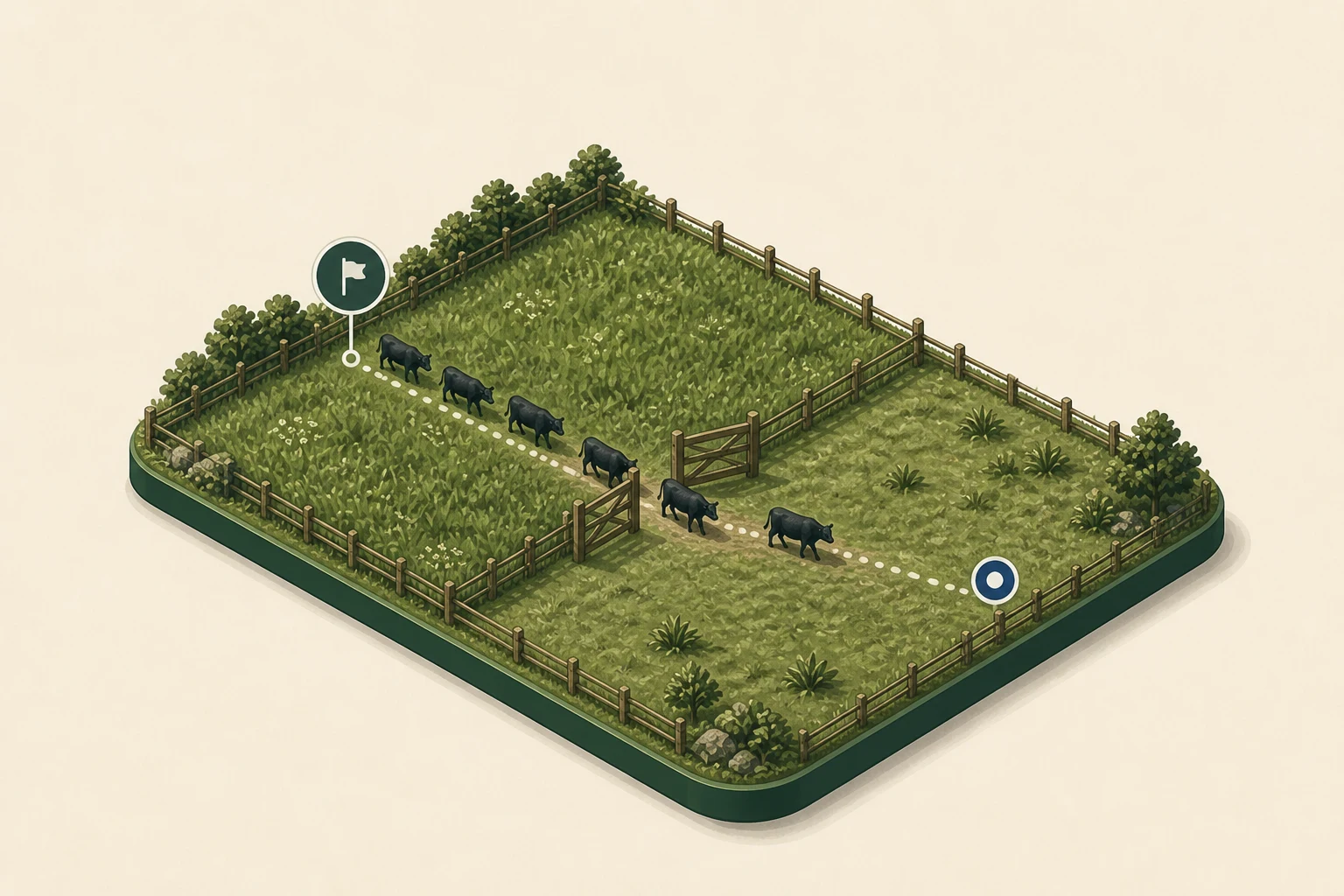 A farm game tile showing cattle moving through an open gate along a recorded route