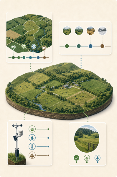 One farm model connected to its map, timeline, sensor readings and field observations