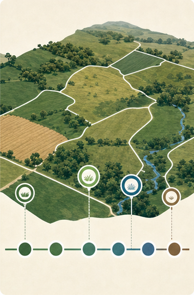 Illustrated farm map with paddocks and a timeline of observations