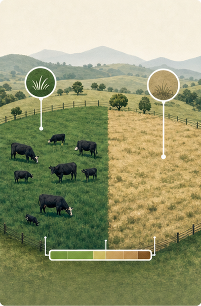 Illustrated pasture comparison with grazing cattle and measurement markers