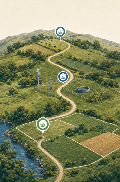 A farm pathway connecting mapped paddocks, field tools and three stages of progress