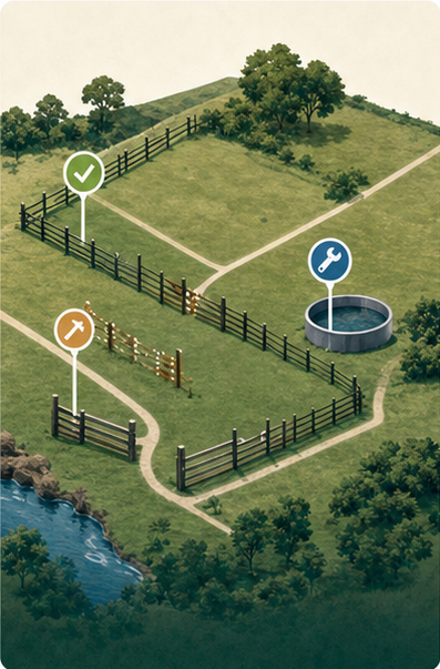 Illustrated farm fence, trough and gate with mapped work markers