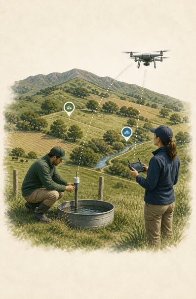 A farm technician checking a water sensor while a drone operator captures field evidence