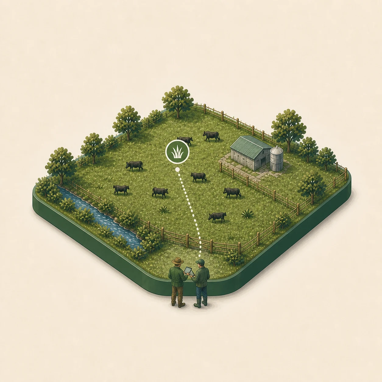 Farmers and connected farm tools represented as a softly illustrated game-world scene