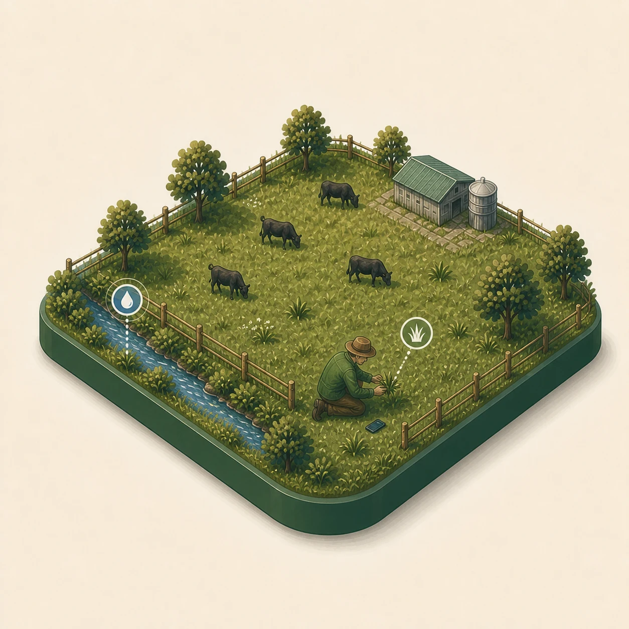 A farmer observing pasture in a softly illustrated farm scene