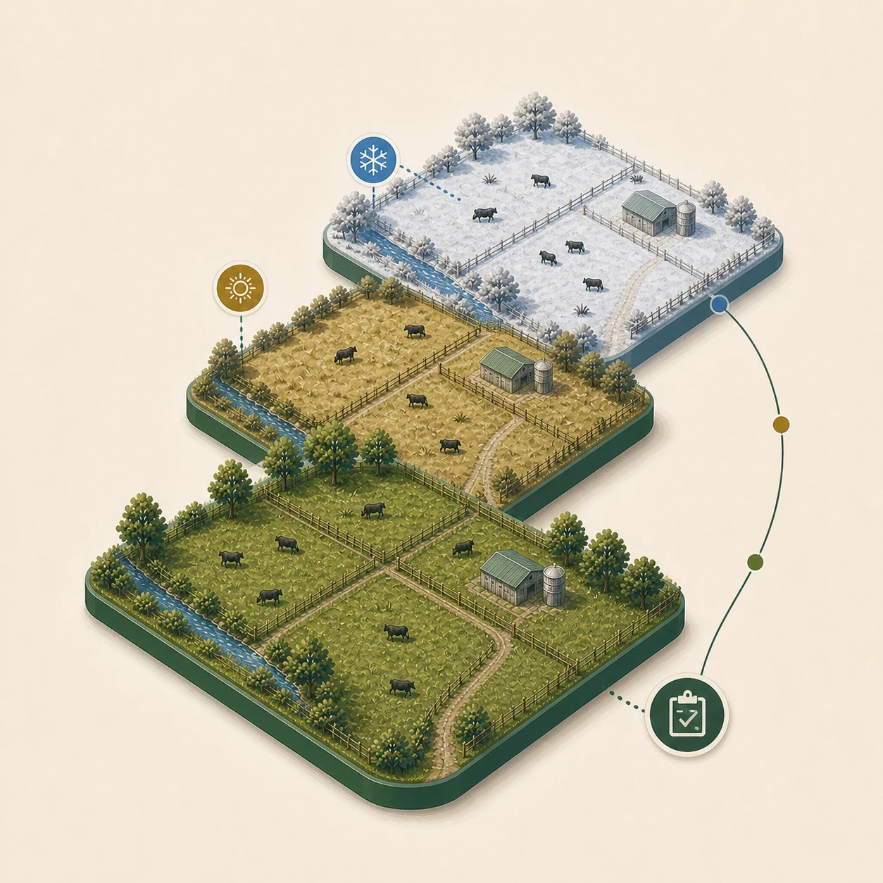 A farm shown across seasons as a connected illustrated record