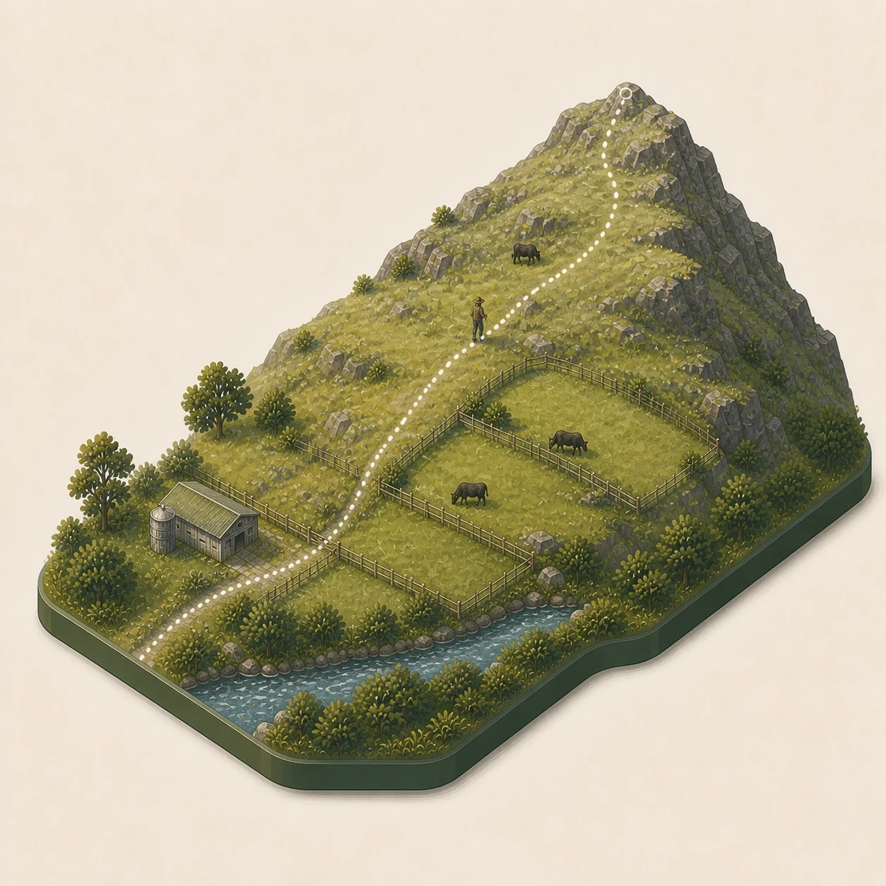A pastoral farm route climbing from river flats into steep high-country terrain