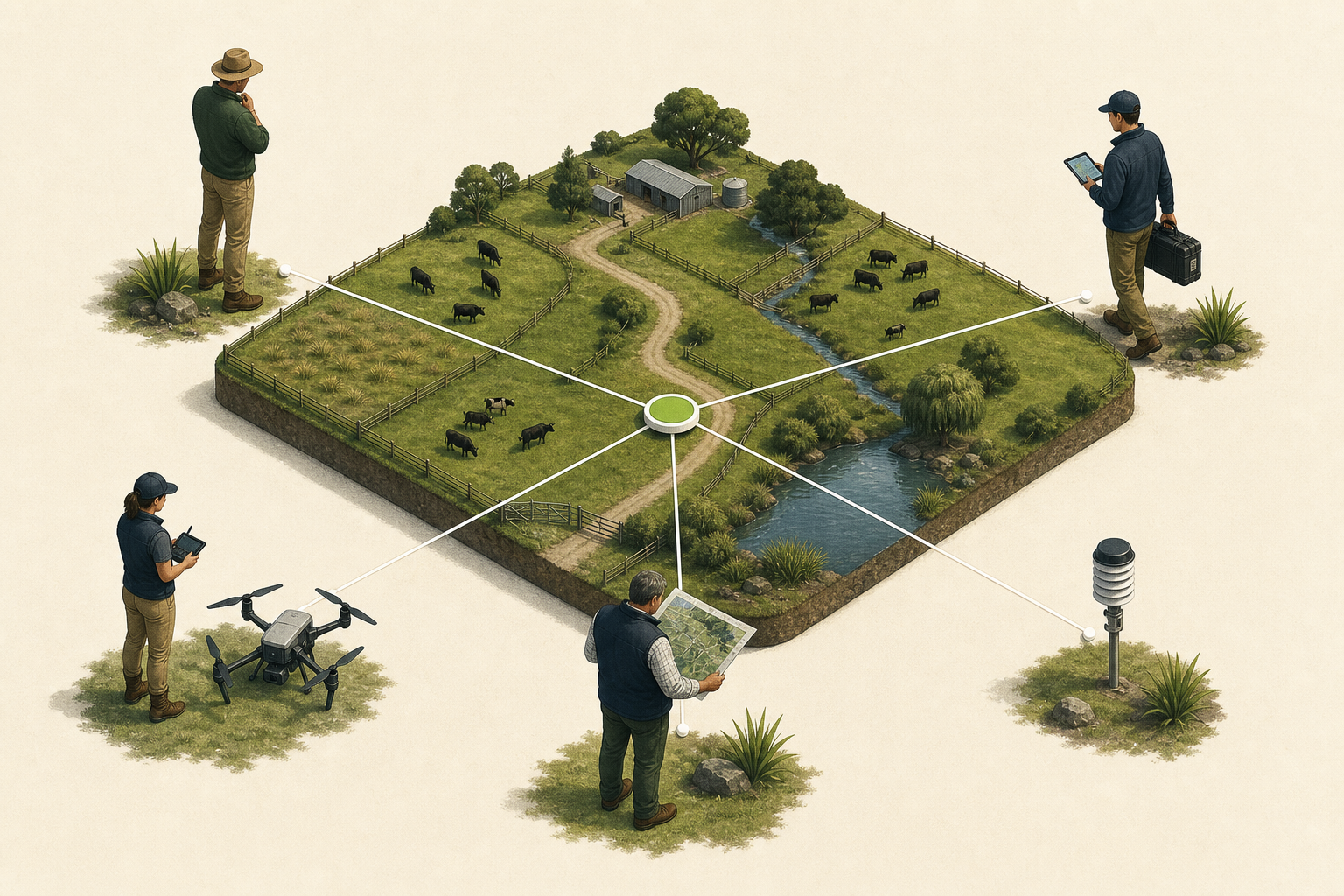 An illustrated farm connected to a farmer, farm data technician, drone operator, adviser and field sensor