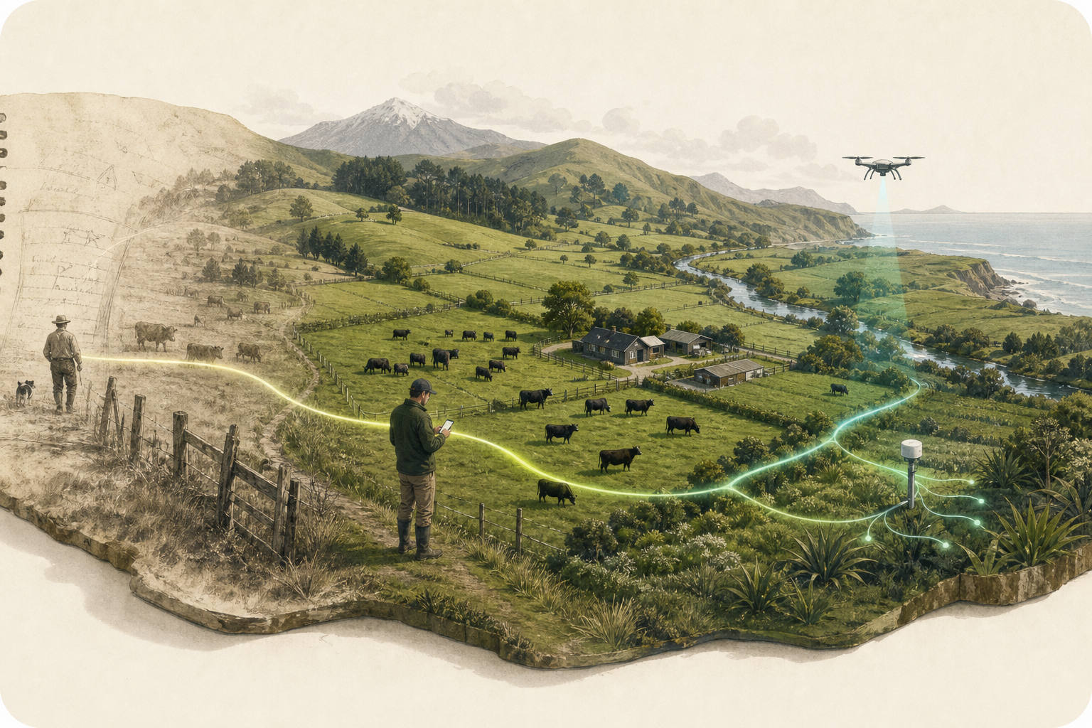An illustrated farm carrying connected knowledge from its past through the present and into future tools
